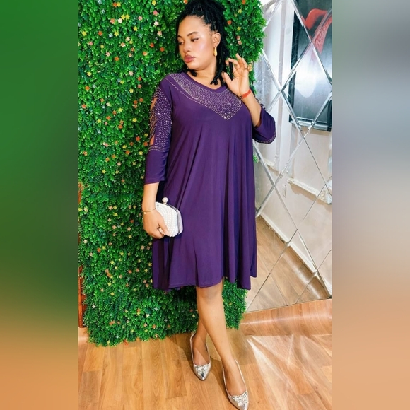 NWT BLINGED PLUM DRESS W/ CUT OUT SLEEVES OS - Picture 1 of 2